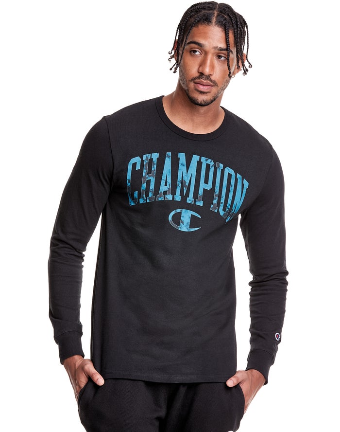 Champion Heritage Long Sleeve Galaxy Dye Arch Logo - Miesten Mustat T-Paita - Suomi 0518423-UC